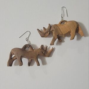 Vintage African Hand Carved Wooden Safari Rhinoceros Earrings